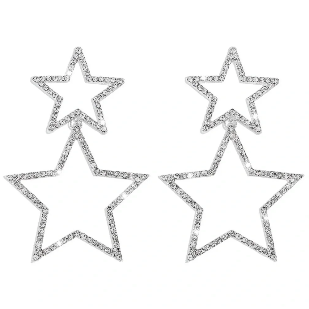 NWT Silver Rhinestone Double Star Statement Drop Earrings